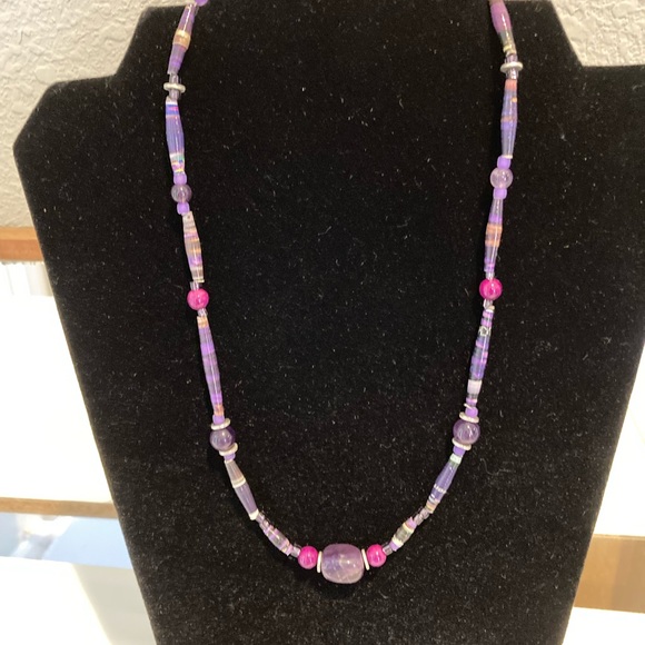 Stone Necklace. Amethyst, glass, seed and tube beads. Fish Hook clasp. - Picture 10 of 16